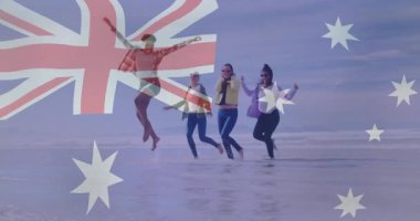 Sahilde oynuyorlar, Avustralya bayrağı animasyon örtüsü olan bir grup arkadaş. tatil, tatil, yaz, kutlama