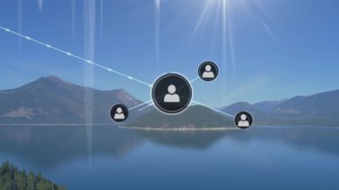 Manzaralı dağ gölü üzerinde bağlantı ağı ve veri işleme animasyonu. Teknoloji, iletişim, dijital, ağ, manzara, bağlantı