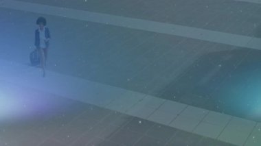 Elinde bavulla dolaşan, gelecekteki şebeke geçmişinde animasyon efektleri olan bir iş kadını. seyahat, teknoloji, şirket, dijital, yenilik