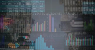 Finansal veriler ve şehir manzarası animasyonunu kapsayan grafiklerle piyasa analizi. Maliye, analitik, ekonomi, yatırım, eğilimler, iş