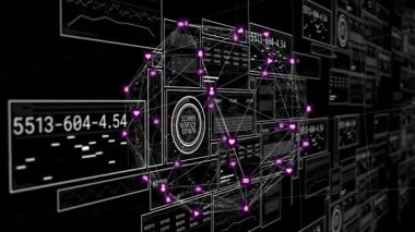 Dijital arayüz üzerinden veri işleniyor, ağ bağlantıları arka planda canlandırılıyor. Teknoloji, animasyon, siber uzay, iletişim