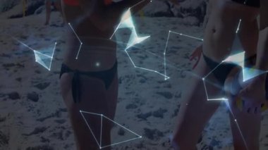 Plaj voleybolu oynayarak, arka planda ışıldayan dijital dünya animasyonu olan insanlar. Spor, takım çalışması, rekabetçi, teknoloji, yenilik, takım çalışması