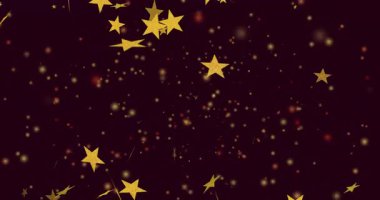 Koyu kırmızı zemin üzerinde yüzen altın yıldızların ve parlayan parçacıkların animasyonu. Parıltı, parıltı, parıltı, parıltı, galaksi, yıldız ışığı