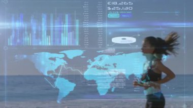 Küresel finansal veriler ve dünya haritası animasyonları üzerindeki insan silueti. Finans, ekonomi, teknoloji, yatırım, analitik, dijital