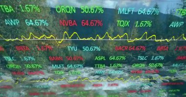 Borsa verilerini ve doğal manzara grafiklerini ağaç animasyonlarıyla örtüyor. Finans, yatırım, analitik, veri görselleştirme, grafikler, teknoloji