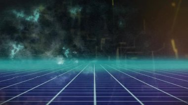 Fütürist dijital ızgara manzarasında canlı şebeke bağlantıları ve animasyon modelleri. Teknoloji, yenilik, bağlantı, siber, veri