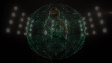 Arka plandaki sahne ışıkları üzerinde dijital ağ animasyonuyla kol kaldıran kişi. Teknoloji, yenilik, iletişim, bağlantı, ağ, soyut