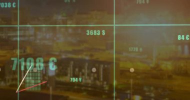 Şehir animasyonu üzerinde bar ve çizgi grafikleri olan finansal veriler gösteriliyor. Finans, analitik, veri görselleştirme, grafikler, teknoloji, yenilik