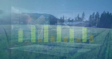 Çubuk grafik ve veri analizi dağlarla manzaralı kırsal alan üzerinde. analitik, istatistik, bilgi, görselleştirme, teknoloji, kırsal