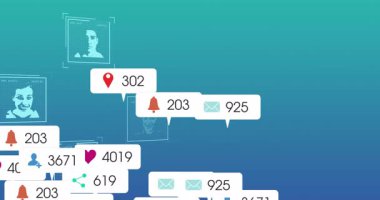 Gradyan arkaplan üzerindeki profil resimlerini kaplayan dijital bildirimlerin canlandırması. technology, communication, online, interface, network, social media