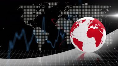 Dünya haritalı kırmızı küre animasyonu ve dijital arka planda finansal grafik. Küresel, finans, teknoloji, yenilik, veri, analitik