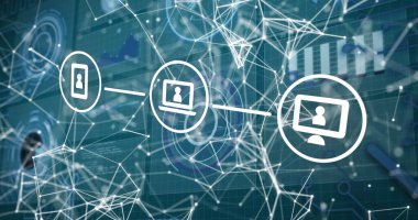 Bağlantı ağı üzerinden iletişim aygıtı simgelerinin resmi. küresel bağlantılar, veri işleme ve dijital arayüz kavramı.