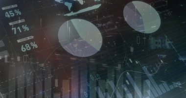 Şehir manzarası üzerinde finansal veri işleme resmi. küresel iş, veri işleme, dijital arayüz, teknoloji konsepti dijital olarak oluşturulmuş görüntü.