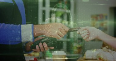 Ödeme terminalini kullanan insanların ağ güvenliğinin resmi. küresel iletişim ve veri güvenliği konsepti dijital olarak oluşturulmuş görüntü.