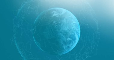 Mavi arkaplanda bağlantıları olan dünya resmi. küresel bağlantılar, teknoloji ve dijital arayüz kavramı dijital olarak oluşturulmuş görüntü.