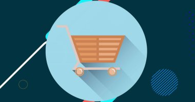 Mavi arka planda online alışveriş arabası simgesi. Retro çevrimiçi alışveriş, iletişim ve bağlantı konsepti dijital olarak oluşturulmuş görüntü.