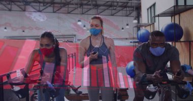 Yüz maskesi takan çeşitli grupların grafikleri ve istatistikleri çalışıyor. küresel covid 19salgın konsepti dijital olarak oluşturulmuş görüntü.