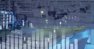 Boş bir dükkanda istatistik ve veri işleme resmi. küresel iş, teknoloji ve veri işleme kavramı dijital olarak oluşturulmuş görüntü.