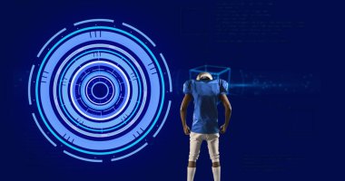 Amerikan futbolcuyla tarama ve veri işleme dürbünü görüntüsü. global spor, rekabet teknolojisi ve dijital arayüz konsepti dijital olarak oluşturulmuş görüntü.