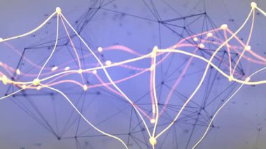 Bulanık geometrik arkaplan üzerinde parlayan çizgiler ve düğümler soyut ağ oluşturuyor. Teknoloji, bağlantı, dijital, fütüristik, siber uzay, bağlantı