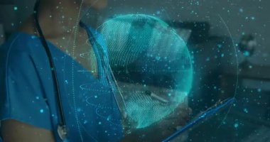 Dijital küresi ve arka planında veri noktaları olan sağlık uzmanının animasyonu. technology, innovation, global, futuristic, network, virtual