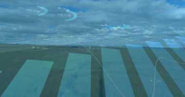 Çubuk grafikler ve veri analiz animasyonları bulutların altındaki geniş yeşil arazi üzerinde. istatistik, görselleştirme, çevre, teknoloji, dijital, yenilik