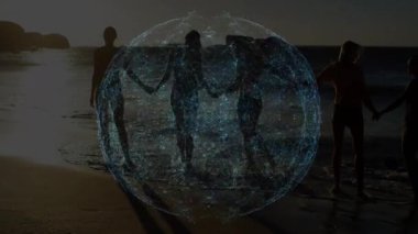 Kumsalda el ele tutuşan, dijital ağ animasyonu ile siluetli bir grup. Teknoloji, bağlantı, ağ, arkadaşlık, birliktelik, bağ