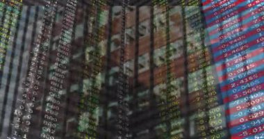 Renkli numaralar ve soyut animasyon geçmişi olan borsa verileri gösteriliyor. Finans, ticaret, analitik, yatırım, ekonomi, finans