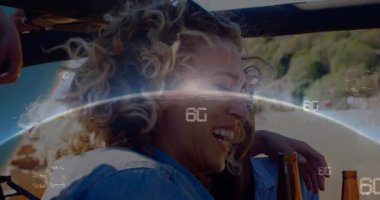 İçkili arkadaşlar, 6G teknolojili animasyon eşleşmesi ile birlikte gülüyorlar. communication, bonding, link, digital, innovation, entertainment