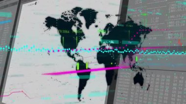 Finansal veriler ve grafikler örtüşüyor, dünya haritası küresel borsa eğilimlerini gösteriyor. Finans, yatırım, ekonomi, veri analizi, küreselleşme, ticaret