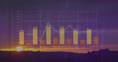 Gün batımı üzerinde veri noktalarıyla çizgi ve çizgi grafik animasyonu. Analizler, veri görselleştirme, sunum, istatistik, bilgi, dijital