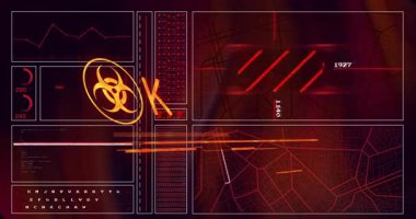 Ekranda, acil durum uyarısı, biyolojik tehlike sembolü ve acil metin. uyarı, tehlike, tehdit, salgın, kriz, tehlikeli