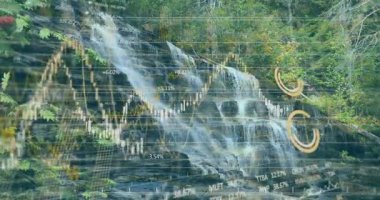 Borsa grafikleri örtüşüyor, doğal şelale sahnesi animasyon etkisi yaratıyor. Finans, teknoloji, yatırım, doğa, hareket, kontrast