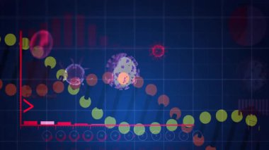 Virüs çizimleri ve veri işleme animasyonlarıyla yükselen çubuk grafiği. İstatistikler, veri analizi, salgın, büyüme, görselleştirme, teknoloji