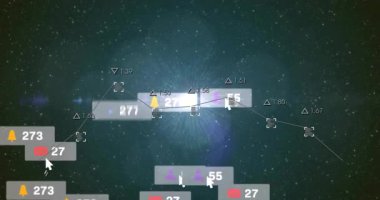 Kozmik patlama arkaplanı ile ilgili sosyal medya bildirimleri ve analitik verilerinin animasyonu. dijital pazarlama, veri görselleştirme, çevrimiçi, teknoloji, fütüristik, galaksi