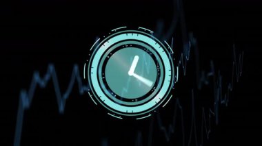 Karanlık arka planda dalgalanan çizgi grafiği üzerinde geleceksel saat animasyonu. Teknoloji, dijital, analitik, finans, veri, yenilik