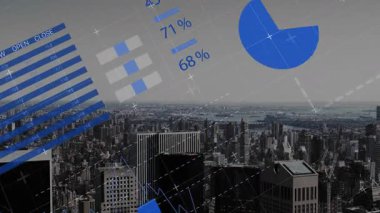 Planlı grafikler, dünya haritası ve veri çizelgeleriyle şehir manzarasının animasyonu. Mimari, kentsel, teknoloji, fütüristik, gelişim, küreselleşme