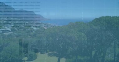 Okyanus ve yeşillik üzerinde veri işleme animasyonuyla kıyı manzarası. Teknoloji, yenilik, ağ, çevre, sürdürülebilirlik, dijital