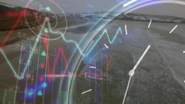 Finansal grafikler karlı manzarayı saat yüzüyle çevreleyen animasyon arka planı. Finans, ekonomi, kış, zaman, yatırım, dijital