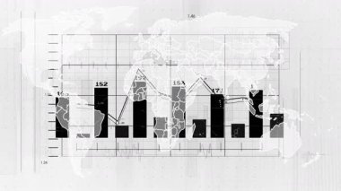 Dünya haritasında küresel finansal eğilimleri gösteren çubuk ve çizgi grafiklerinin animasyonu. Finans, ekonomi, analitik, veri görselleştirme, istatistik, büyüme
