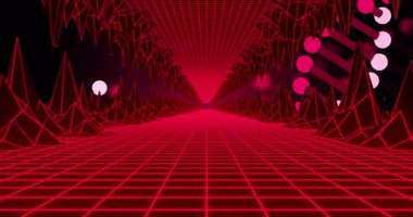 Geometrik şekillerde parlak pembe ışıklar fütüristik neon şebeke tünel animasyonunda. Siber, canlı