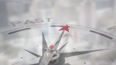 Pusula, arka planda bulanık şehir manzarasının canlandırmasıyla geleceği gösteriyor. Navigasyon, yön, fırsat, keşif, yenilik, fütüristik