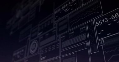 Alacakaranlık gökyüzünü çevreleyen dijital veri animasyonlu elektrik hatları. Elektrik, altyapı, teknoloji, ağ, iletişim, yenilik