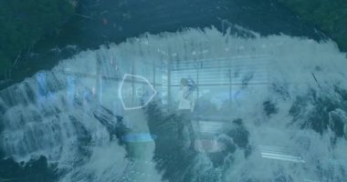 Dijital verilerin animasyonu, iş toplantı odasındaki şelale gibi üst üste biniyor. Teknoloji, yenilik, analiz, fütüristik, yüksek teknoloji