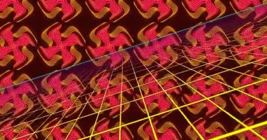 Koyu arkaplan üzerinde canlı sarı ve pembe geometrik desenleri olan animasyon. Soyut, renkli, modern, kontrast, dinamik, parlak