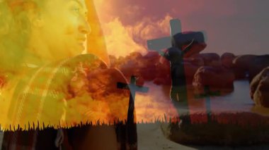 Dramatik kontrastlar yaratarak, arka plandaki ateşli patlama animasyonunun üzerine haçlar çiziyor. sembolik, dijital, yoğun, atmosferik