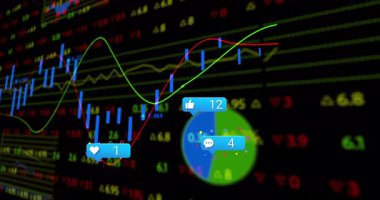 Sosyal medya bildirimli finansal verilerin ve borsa grafiklerinin animasyonu. Finans, analitik, veri görselleştirme, teknoloji, yatırım, ekonomi