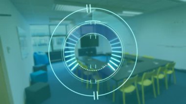 Modern konferans odasının üzerinde mavi sandalyeli fütürist dijital arayüz animasyonu. Teknoloji, yenilik, sanal, iş, etkileşimli