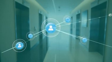 Koridor arka planında bağlantı ağı ve veri işleme animasyonu. Teknoloji, dijital, iletişim, fütüristik, siber uzay, bilgi