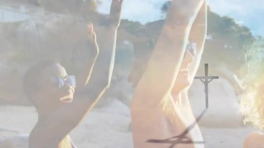 Güneşli sahneleri kaplayan animasyon, plaj gününde eğlenen gençler. Yaz, tatil, gün ışığı, arkadaşlar, etkinlik, boş zaman